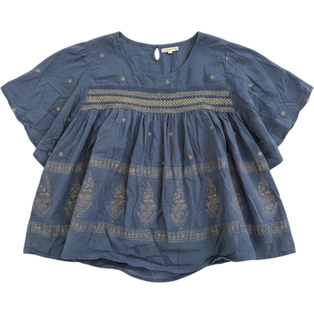 World Market Womens L/XL Blue Gold Block Print Cotton Flutter Sleeve Blouse Top